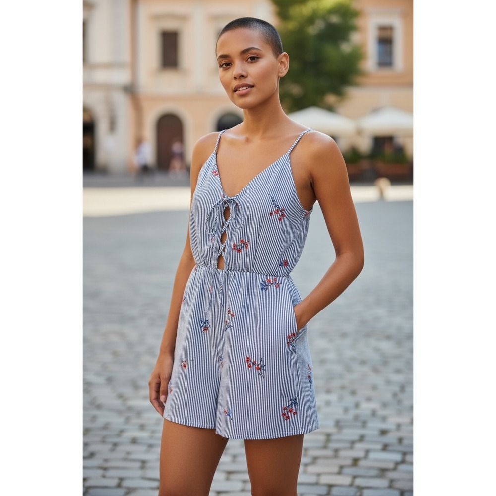 Striped Romper Floral Print‎ Sleeveless Blue White Casual Summer Cute